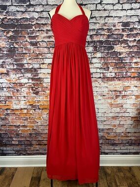 Gather & Gown Red Halter Empire Waist Maxi Formal Bridesmaid Prom Dress Sz S